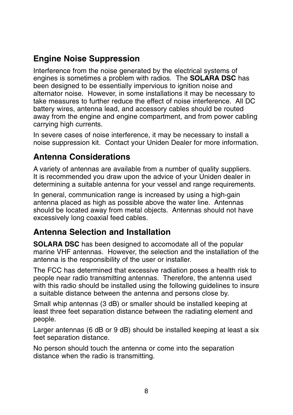 Engine noise suppression, Antenna considerations, Antenna selection and installation | Uniden Solar DSC BK User Manual | Page 10 / 32