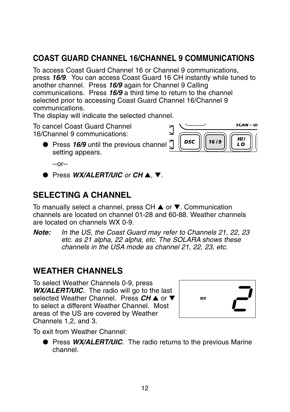Weather channels, Selecting a channel, Coast guard channel 16/channel 9 communications | Uniden Solar DSC BK User Manual | Page 14 / 32