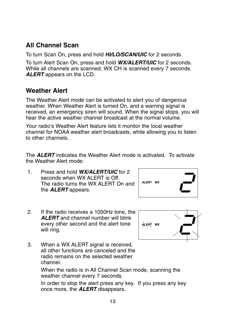Weather alert, All channel scan | Uniden Solar DSC BK User Manual | Page 15 / 32