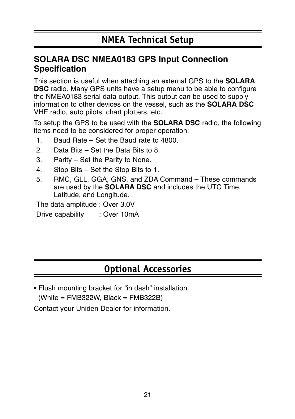 Optional accessories nmea technical setup | Uniden Solar DSC BK User Manual | Page 23 / 32