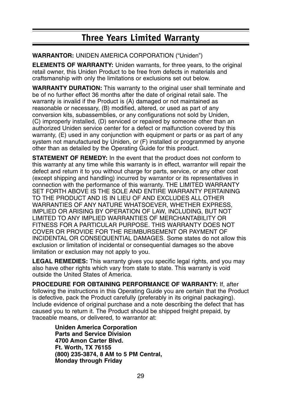 Three years limited warranty | Uniden Solar DSC BK User Manual | Page 31 / 32