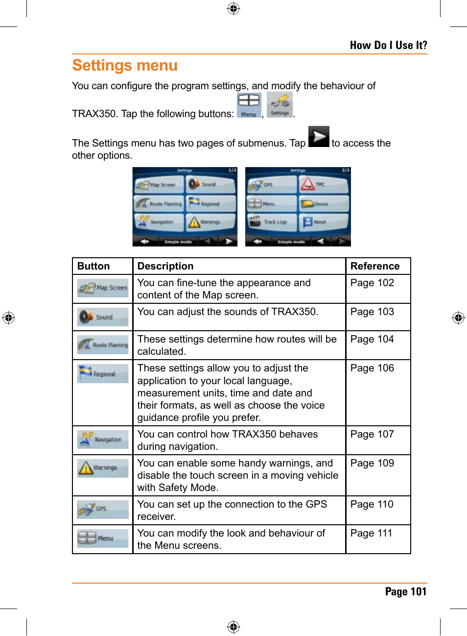 Settings menu | Uniden TRAX350 User Manual | Page 101 / 120