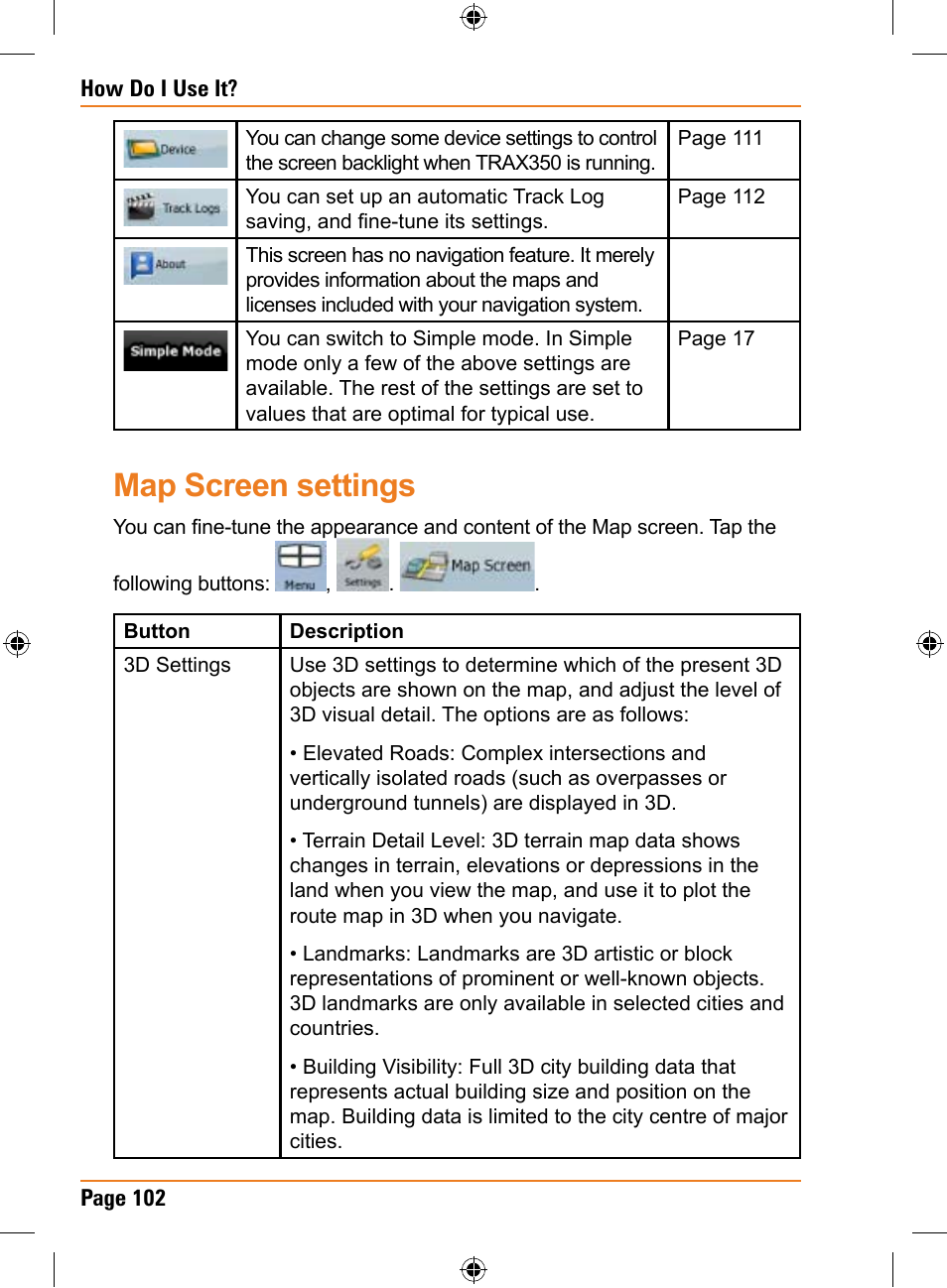 Map screen settings | Uniden TRAX350 User Manual | Page 102 / 120