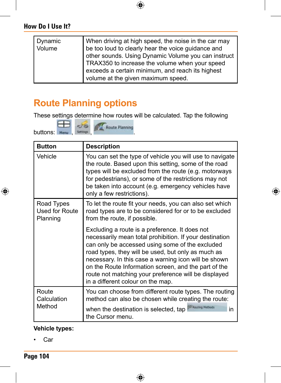 Route planning options | Uniden TRAX350 User Manual | Page 104 / 120