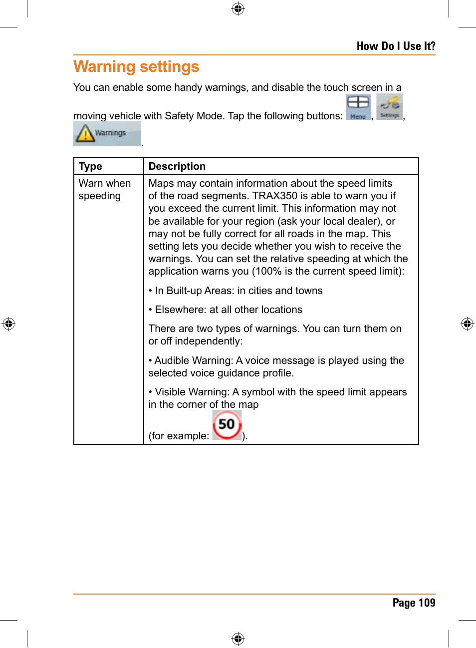 Warning settings | Uniden TRAX350 User Manual | Page 109 / 120