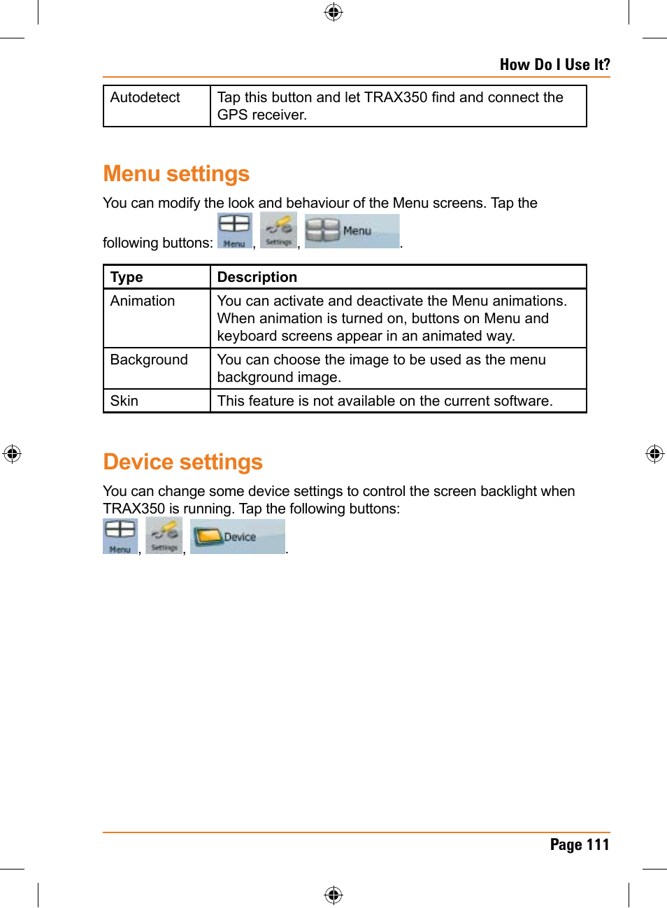 Menu settings, Device settings | Uniden TRAX350 User Manual | Page 111 / 120