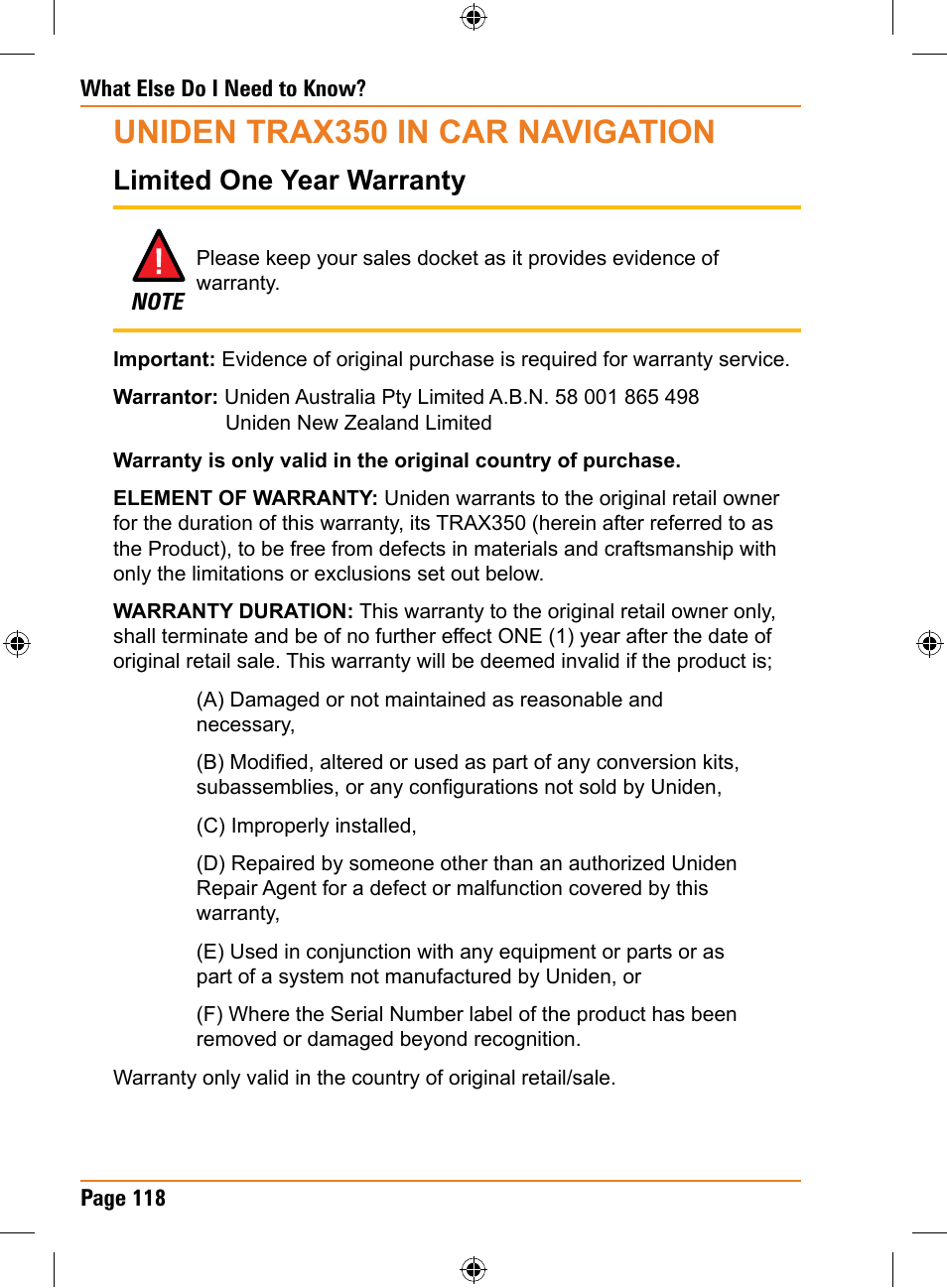 Uniden trax350 in car navigation, Limited one year warranty | Uniden TRAX350 User Manual | Page 118 / 120