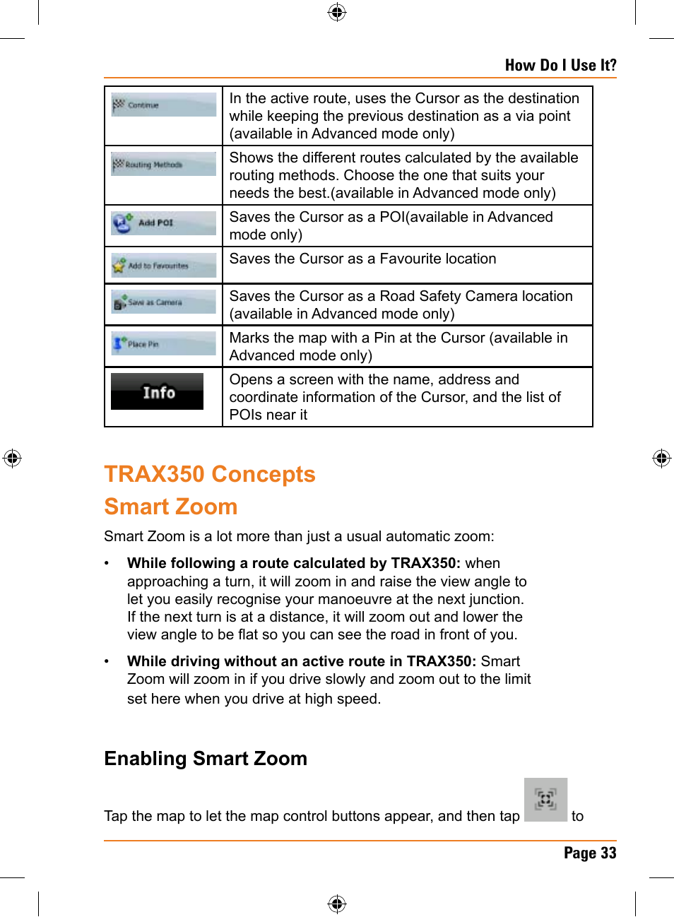 Trax350 concepts smart zoom, Enabling smart zoom | Uniden TRAX350 User Manual | Page 33 / 120