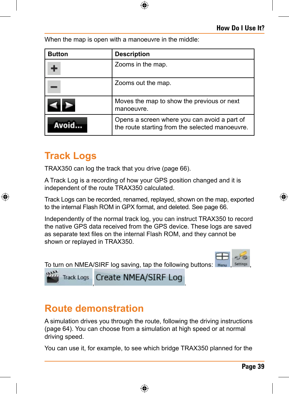 Track logs, Route demonstration | Uniden TRAX350 User Manual | Page 39 / 120