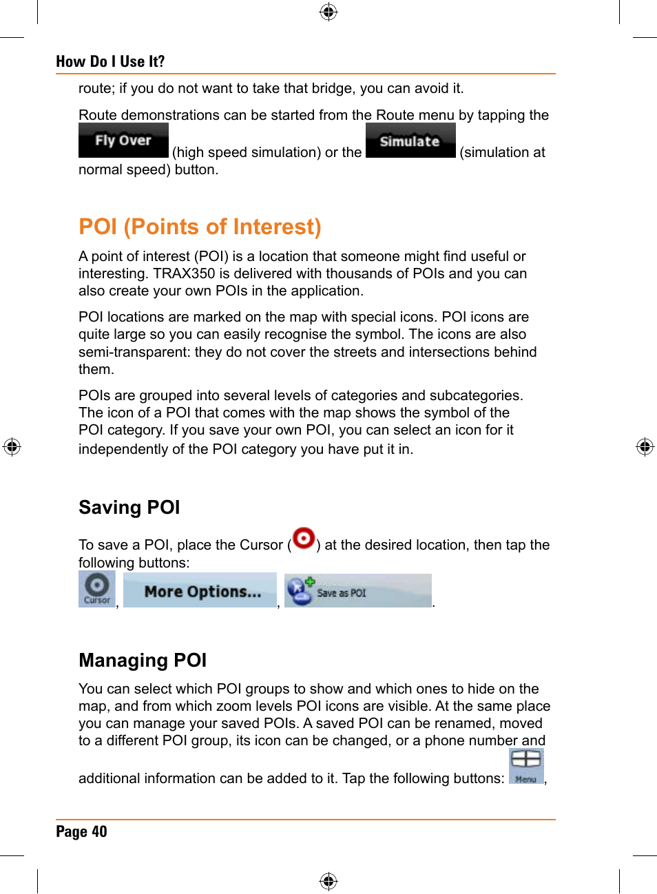 Poi (points of interest), Saving poi, Managing poi | Uniden TRAX350 User Manual | Page 40 / 120