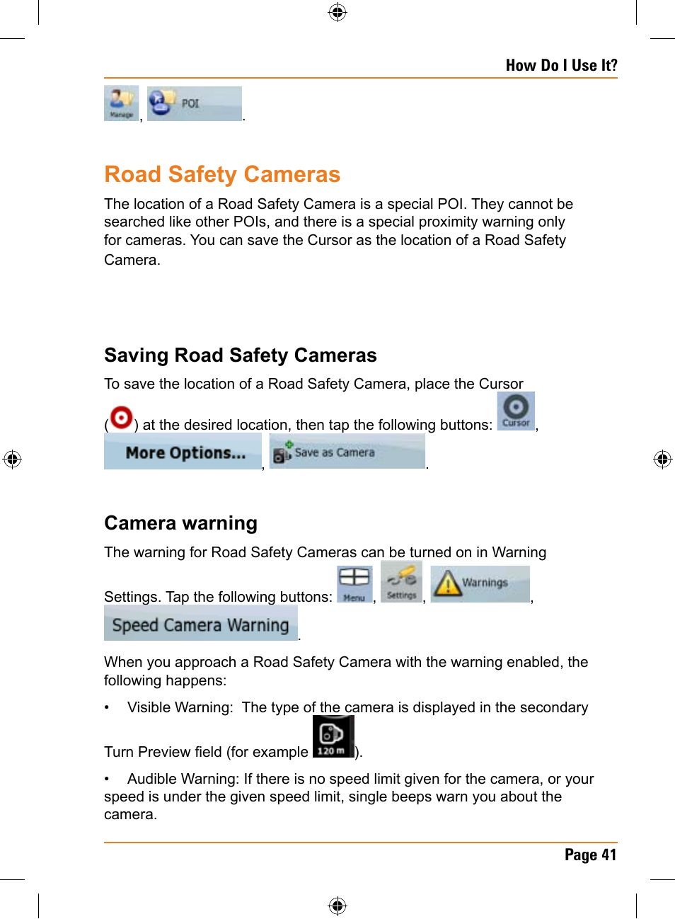 Road safety cameras, Saving road safety cameras, Camera warning | Uniden TRAX350 User Manual | Page 41 / 120