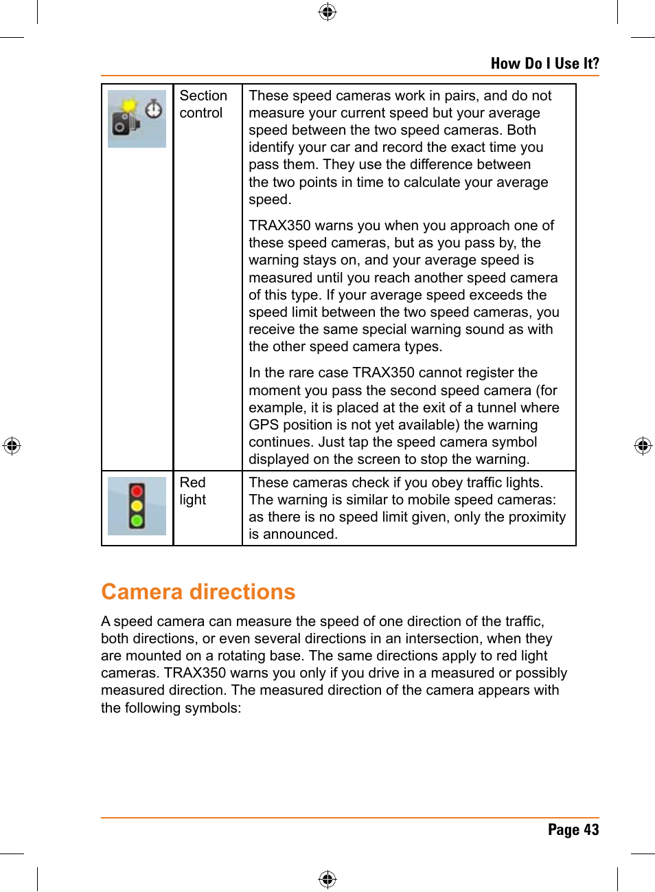 Camera directions | Uniden TRAX350 User Manual | Page 43 / 120