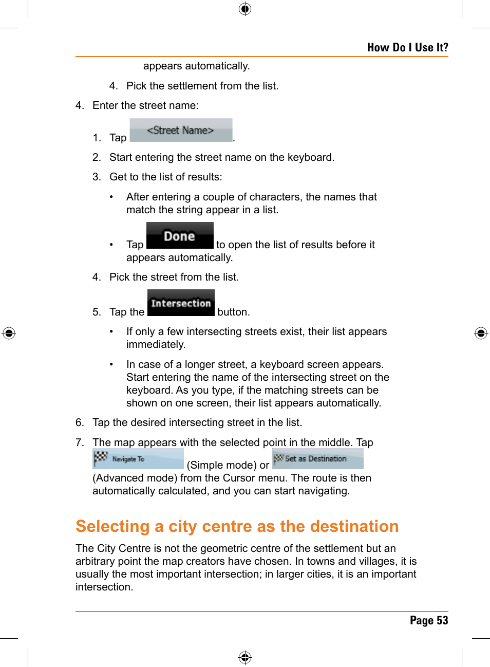 Selecting a city centre as the destination | Uniden TRAX350 User Manual | Page 53 / 120