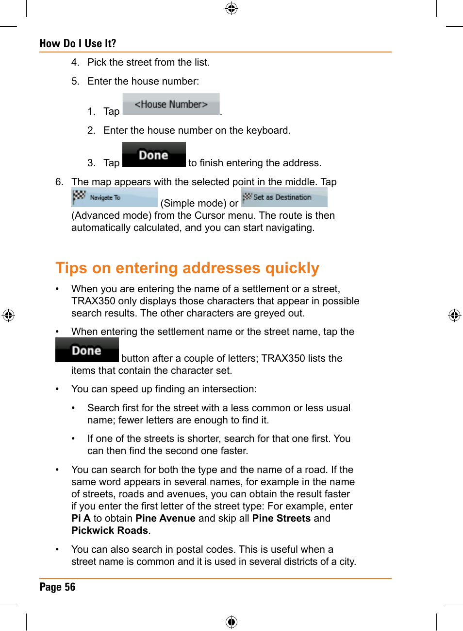 Tips on entering addresses quickly | Uniden TRAX350 User Manual | Page 56 / 120