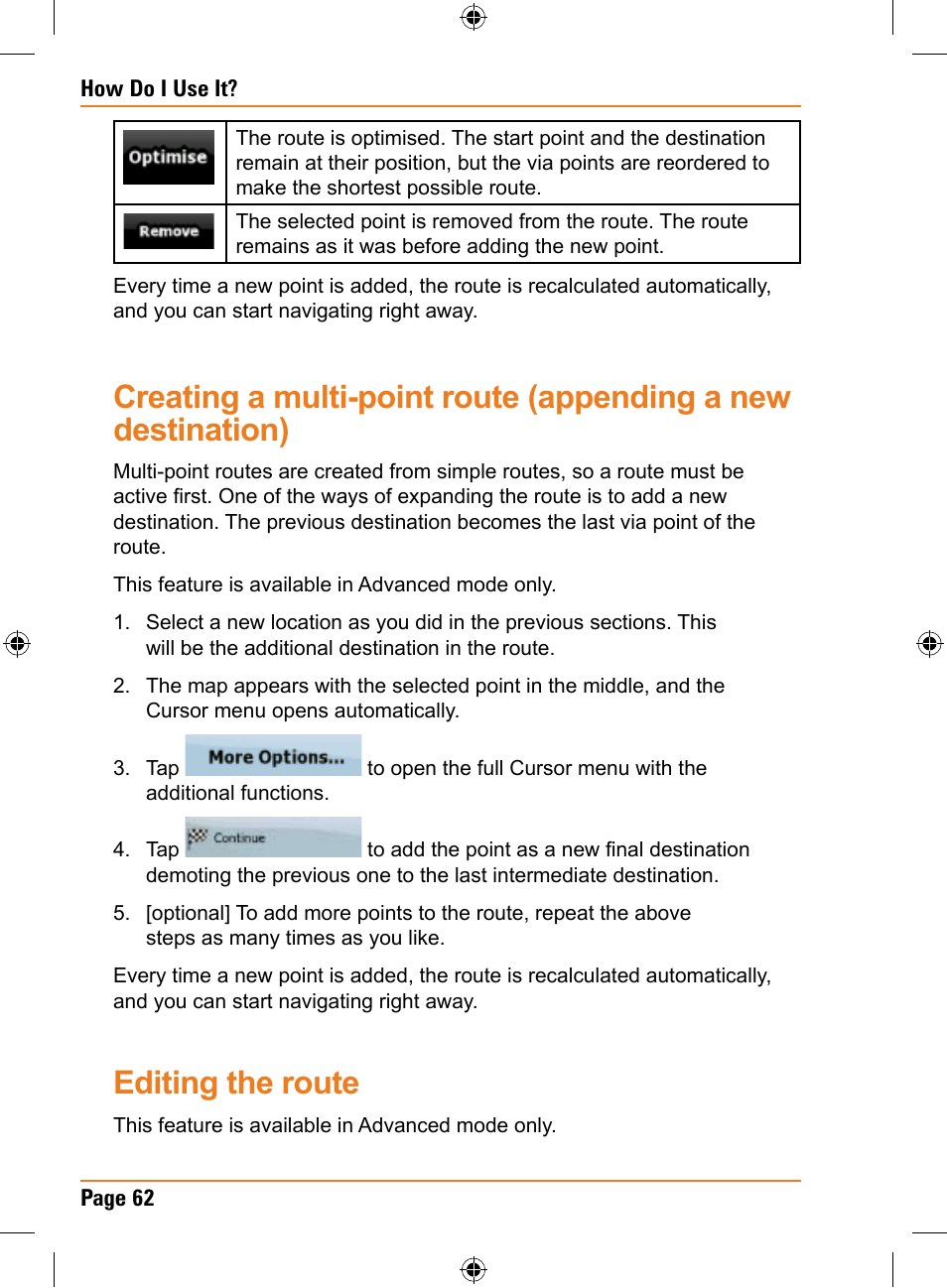 Editing the route | Uniden TRAX350 User Manual | Page 62 / 120