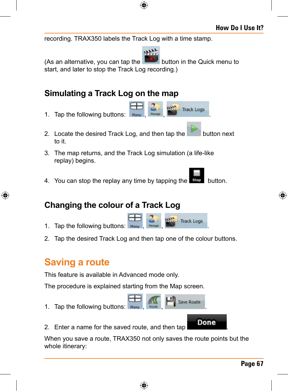 Saving a route, Simulating a track log on the map, Changing the colour of a track log | Uniden TRAX350 User Manual | Page 67 / 120