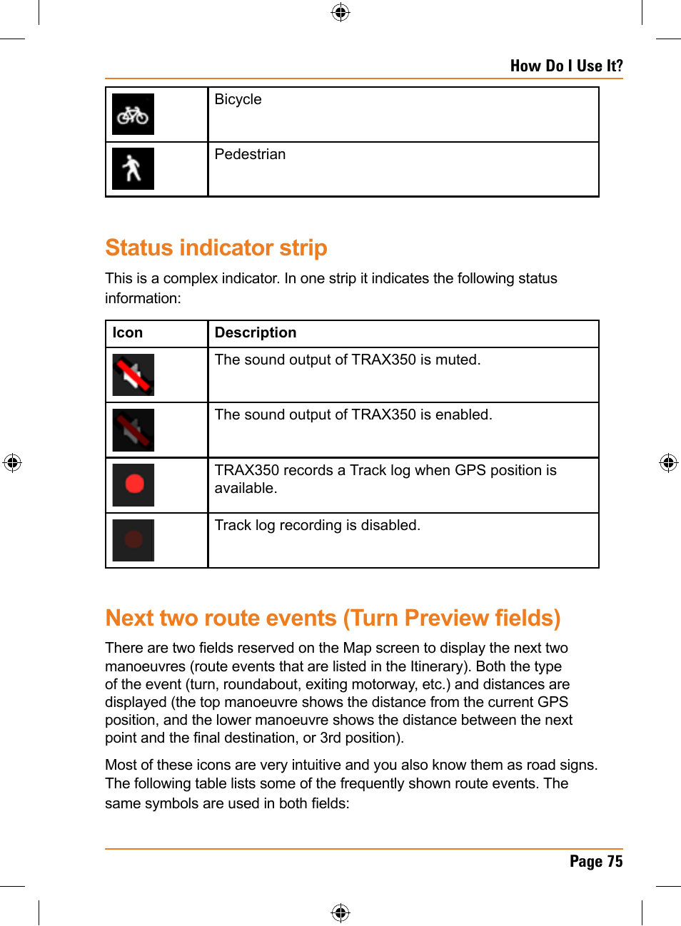 Status indicator strip, Next two route events (turn preview fields) | Uniden TRAX350 User Manual | Page 75 / 120