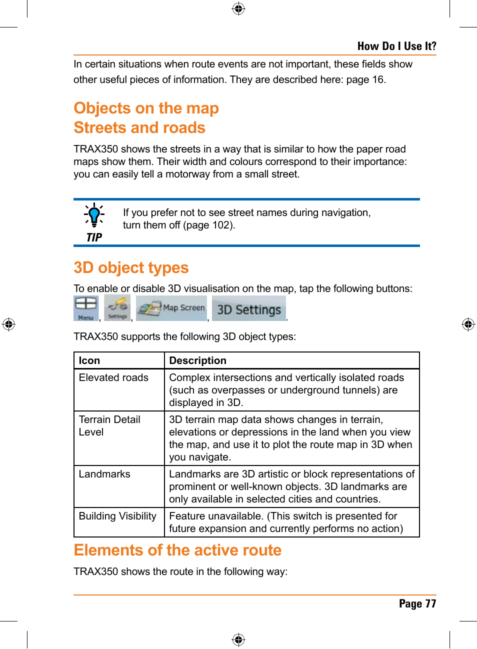 Objects on the map streets and roads, 3d object types, Elements of the active route | Uniden TRAX350 User Manual | Page 77 / 120