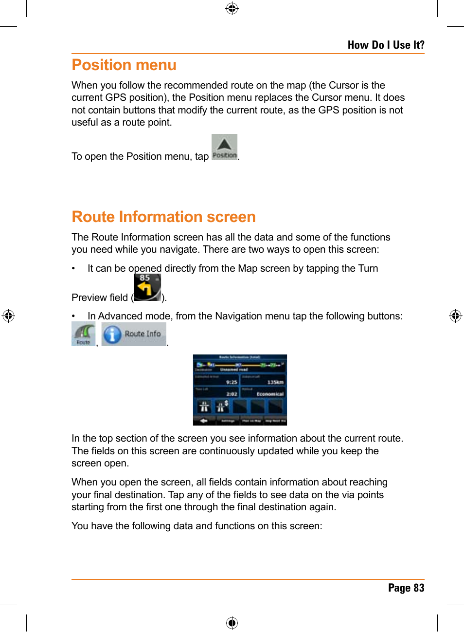 Position menu, Route information screen | Uniden TRAX350 User Manual | Page 83 / 120