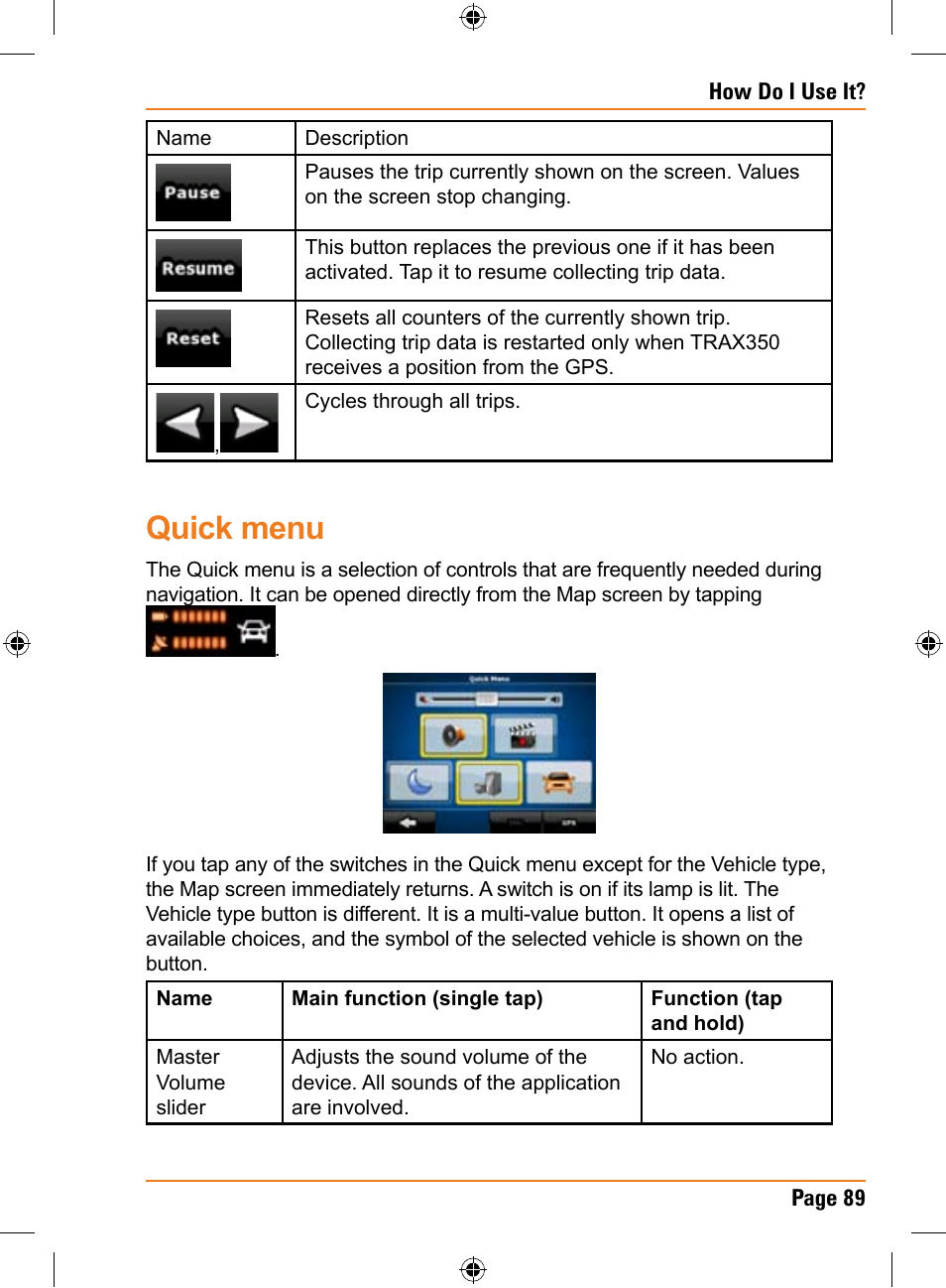 Quick menu | Uniden TRAX350 User Manual | Page 89 / 120