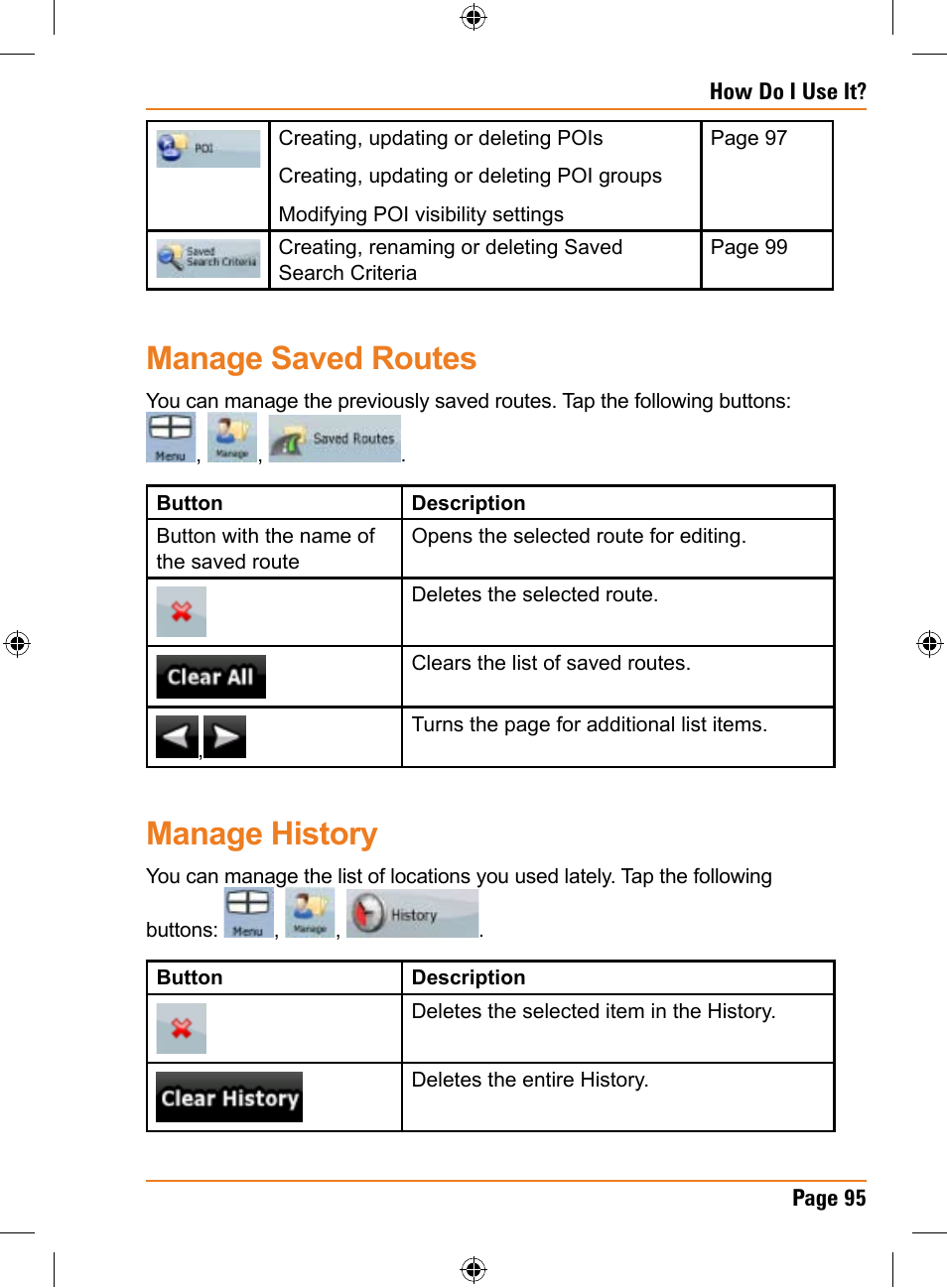 Manage saved routes, Manage history | Uniden TRAX350 User Manual | Page 95 / 120