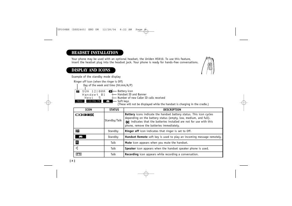 Headset installation display and icons | Uniden DSS 2475 User Manual | Page 14 / 76