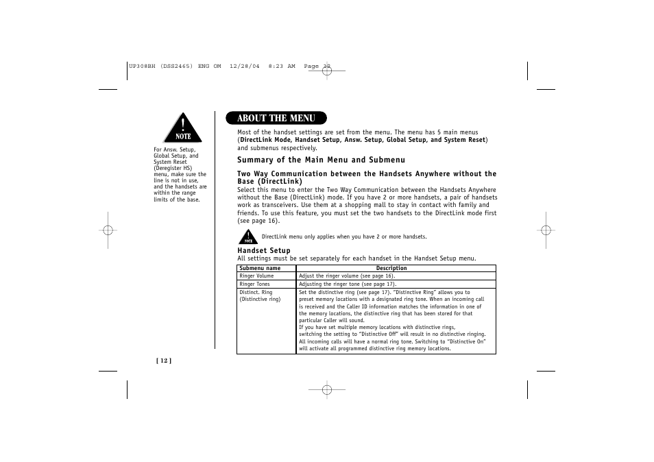 About the menu | Uniden DSS 2475 User Manual | Page 18 / 76