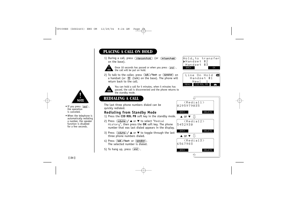 Placing a call on hold, Redialing a call | Uniden DSS 2475 User Manual | Page 30 / 76