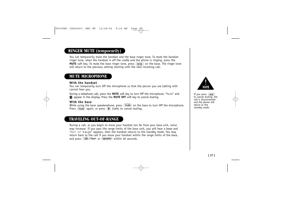 Traveling out-of-range, Mute microphone, Ringer mute (temporarily) | Uniden DSS 2475 User Manual | Page 33 / 76