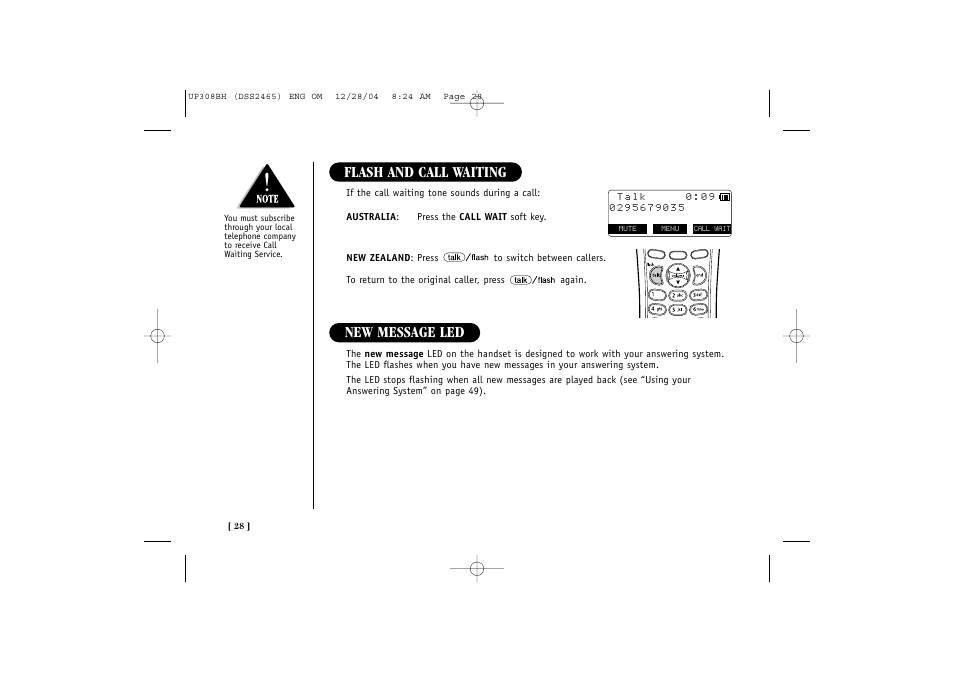 New message led, Flash and call waiting | Uniden DSS 2475 User Manual | Page 34 / 76