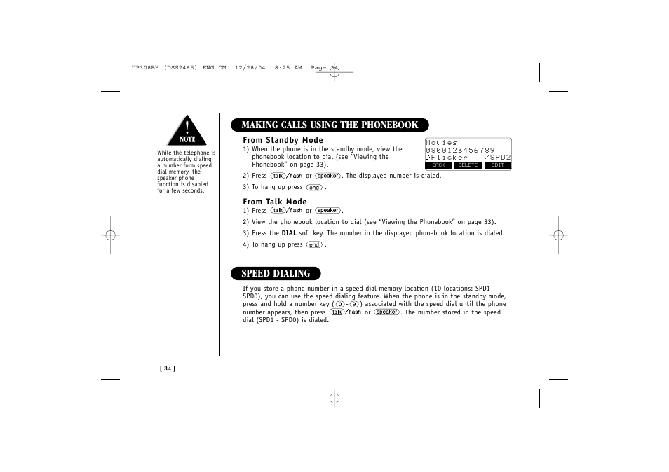 Making calls using the phonebook, Speed dialing | Uniden DSS 2475 User Manual | Page 40 / 76