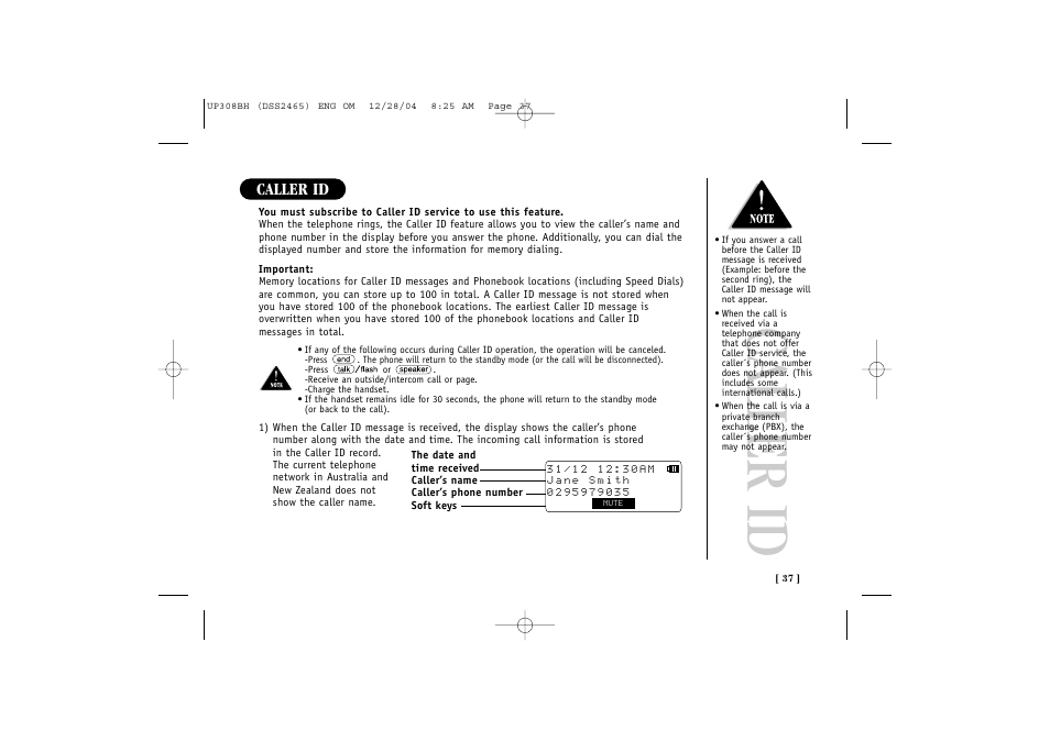 Caller id | Uniden DSS 2475 User Manual | Page 43 / 76