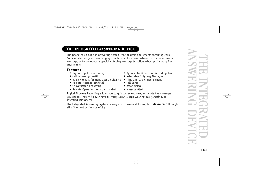 The integra ted answering device | Uniden DSS 2475 User Manual | Page 47 / 76