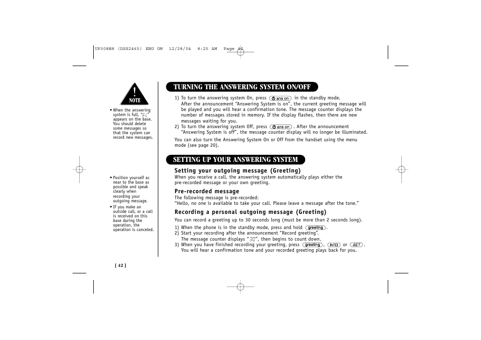 Turning the answering system on/off, Setting up your answering system | Uniden DSS 2475 User Manual | Page 48 / 76