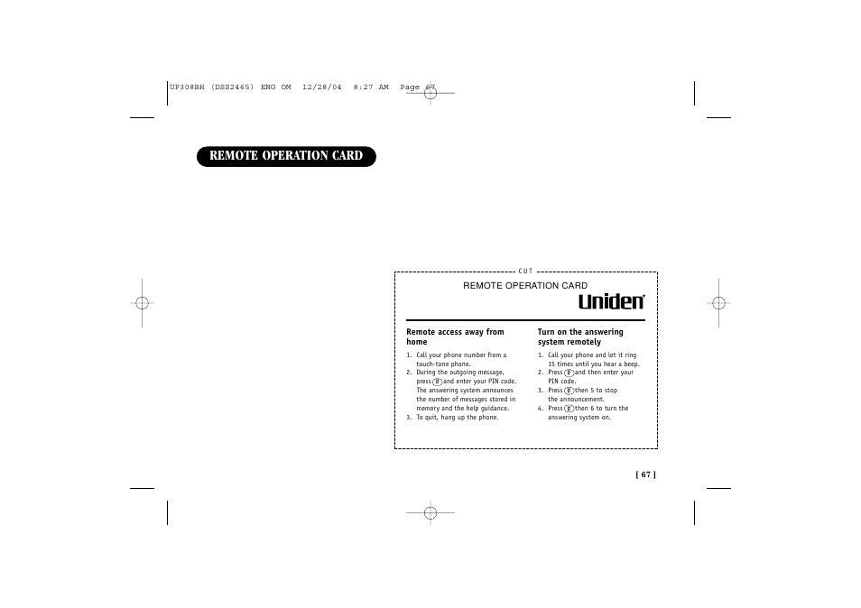 Remote operation card | Uniden DSS 2475 User Manual | Page 73 / 76