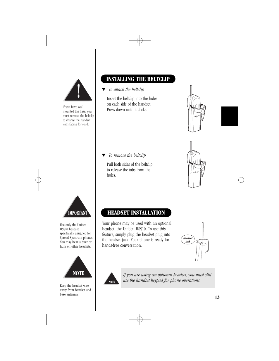 Installing the beltclip, Headset installation | Uniden T H E E X S 9 9 6 6 User Manual | Page 15 / 48
