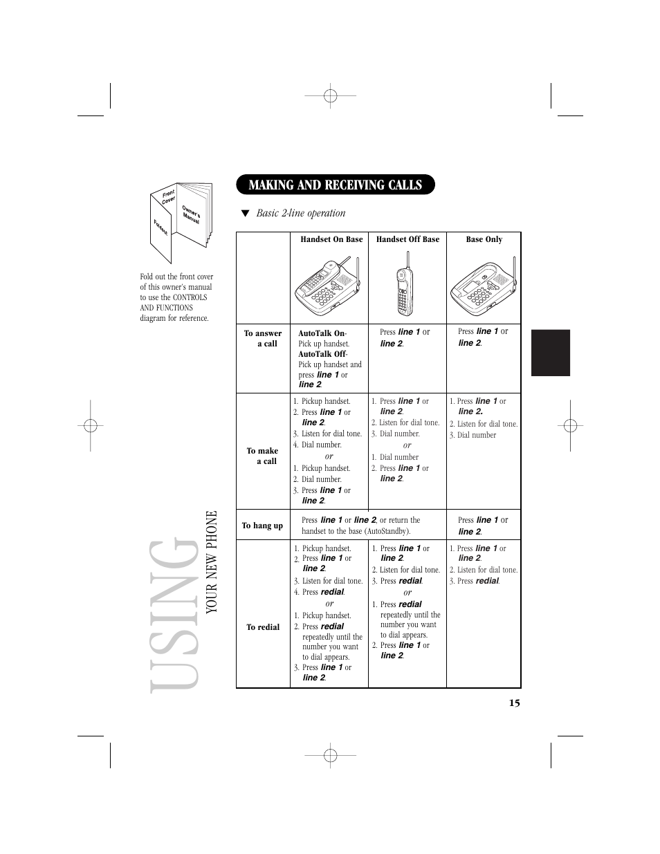 Usin g, Your new phone making and receiving calls | Uniden T H E E X S 9 9 6 6 User Manual | Page 17 / 48