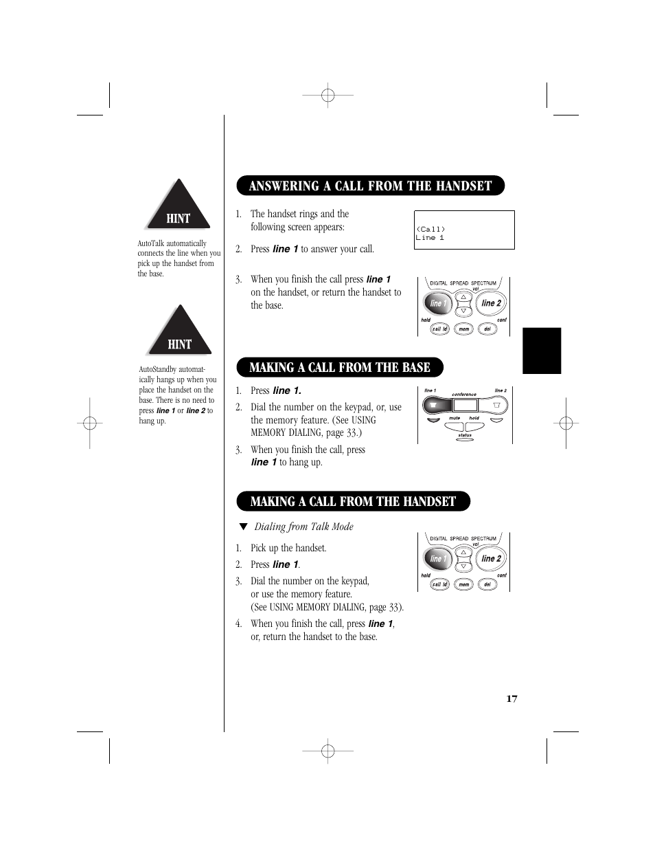 Answering a call from the handset | Uniden T H E E X S 9 9 6 6 User Manual | Page 19 / 48