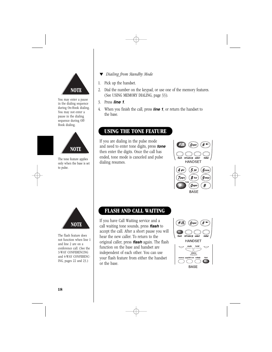 Flash and call waiting using the tone feature | Uniden T H E E X S 9 9 6 6 User Manual | Page 20 / 48
