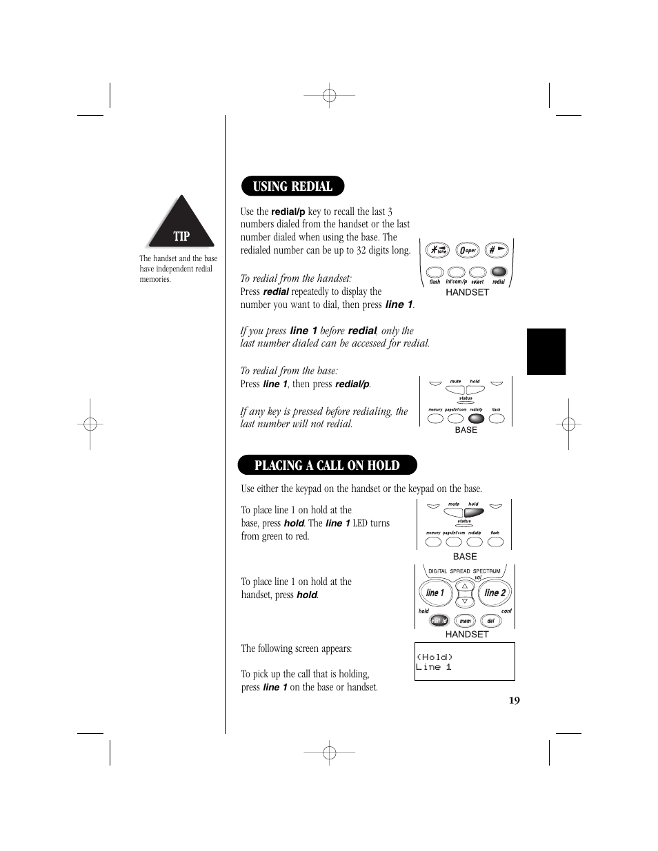 Placing a call on hold using redial | Uniden T H E E X S 9 9 6 6 User Manual | Page 21 / 48