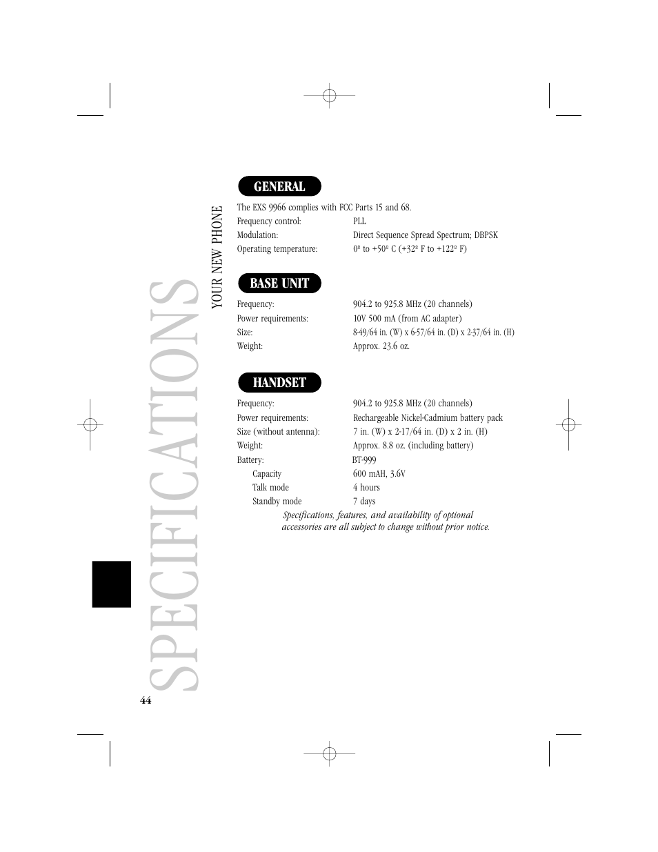 Specific ations | Uniden T H E E X S 9 9 6 6 User Manual | Page 46 / 48