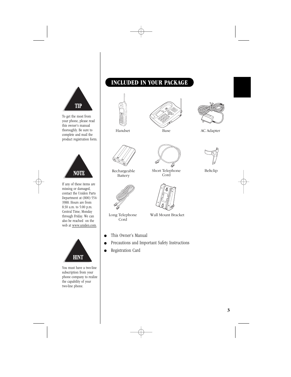 Included in your package | Uniden T H E E X S 9 9 6 6 User Manual | Page 5 / 48