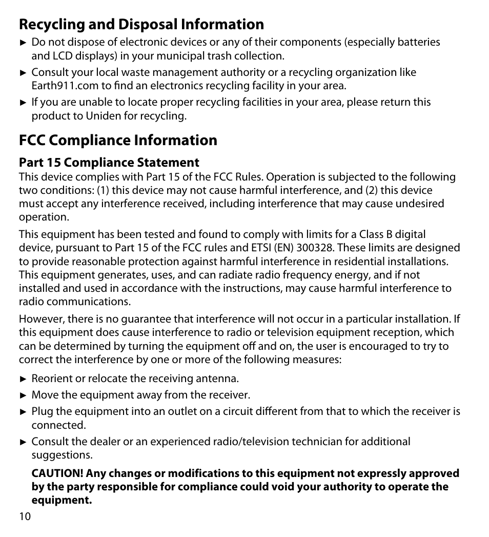 Recycling and disposal information, Fcc compliance information, Part 15 compliance statement | Recycling and disposal, Information, Fcc compliance, Part 15 compliance, Statement | Uniden UDWC25 User Manual | Page 10 / 12