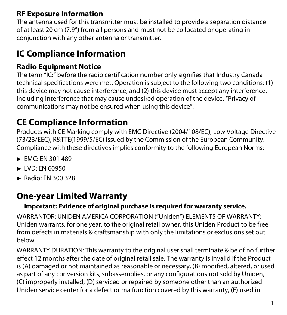 Rf exposure information, Ic compliance information, Radio equipment notice | Ce compliance information, One-year limited warranty, Rf exposure information 11, Ic compliance, Information, Radio equipment notice 11, Ce compliance | Uniden UDWC25 User Manual | Page 11 / 12