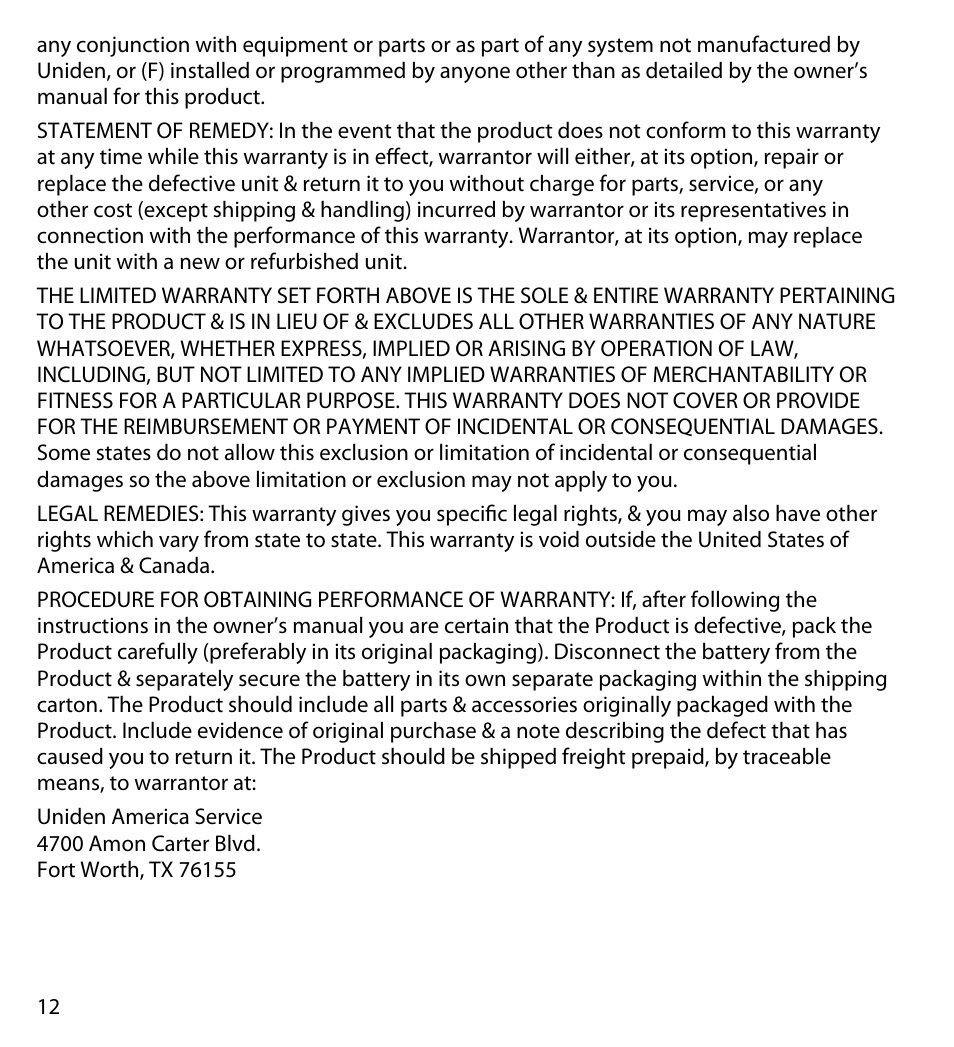 Uniden UDWC25 User Manual | Page 12 / 12
