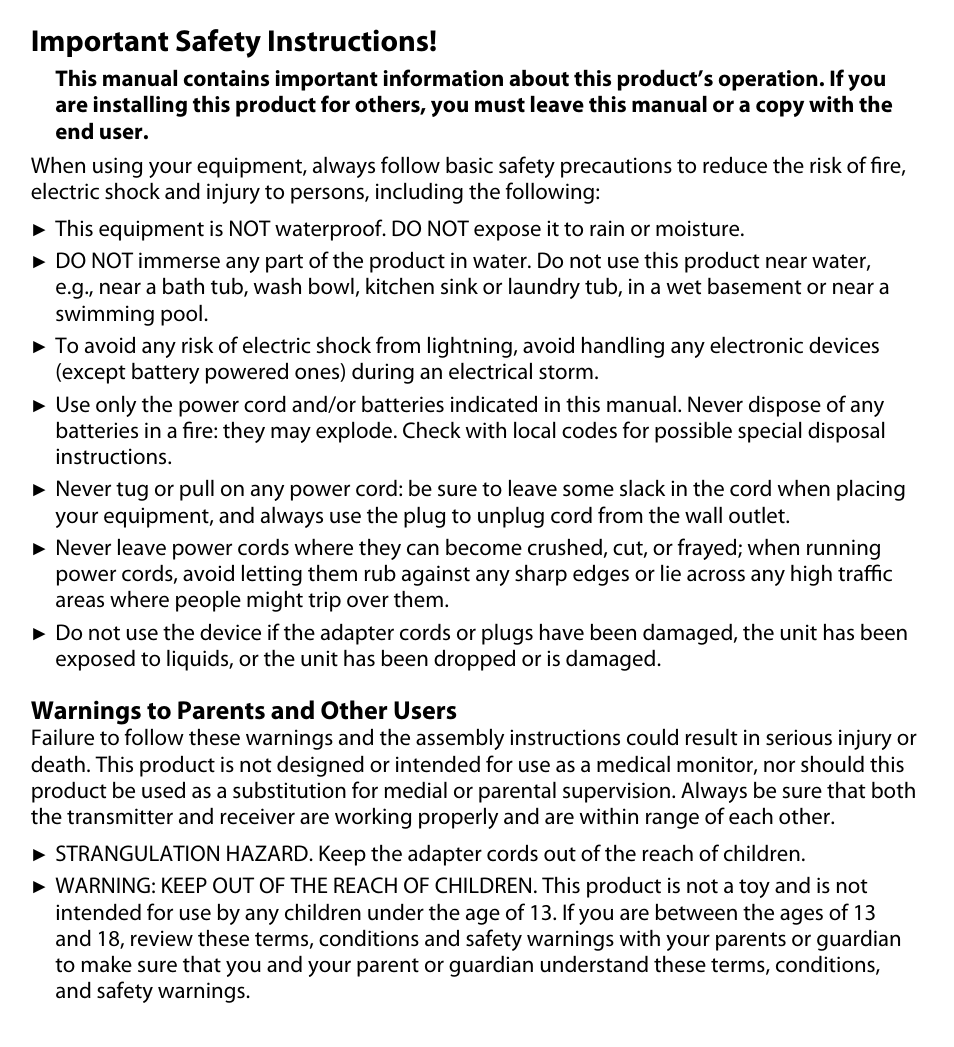 Important safety instructions, Warnings to parents and other users | Uniden UDWC25 User Manual | Page 2 / 12