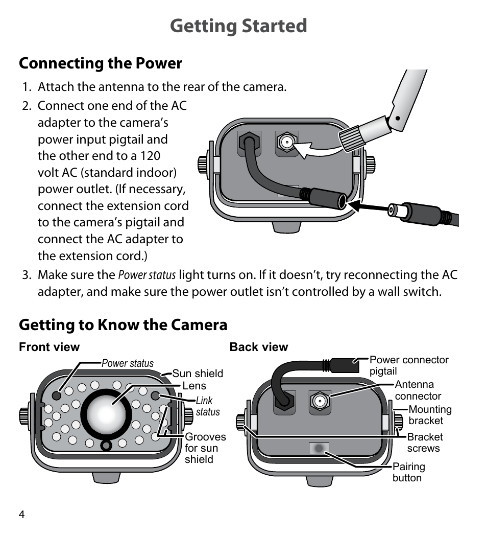 Getting started, Connecting the power, Getting to know the camera | Uniden UDWC25 User Manual | Page 4 / 12