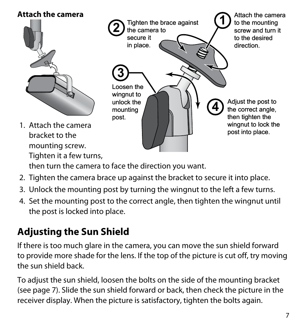 Attach the camera, Adjusting the sun shield | Uniden UDWC25 User Manual | Page 7 / 12
