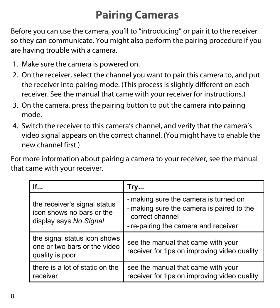 Pairing cameras | Uniden UDWC25 User Manual | Page 8 / 12