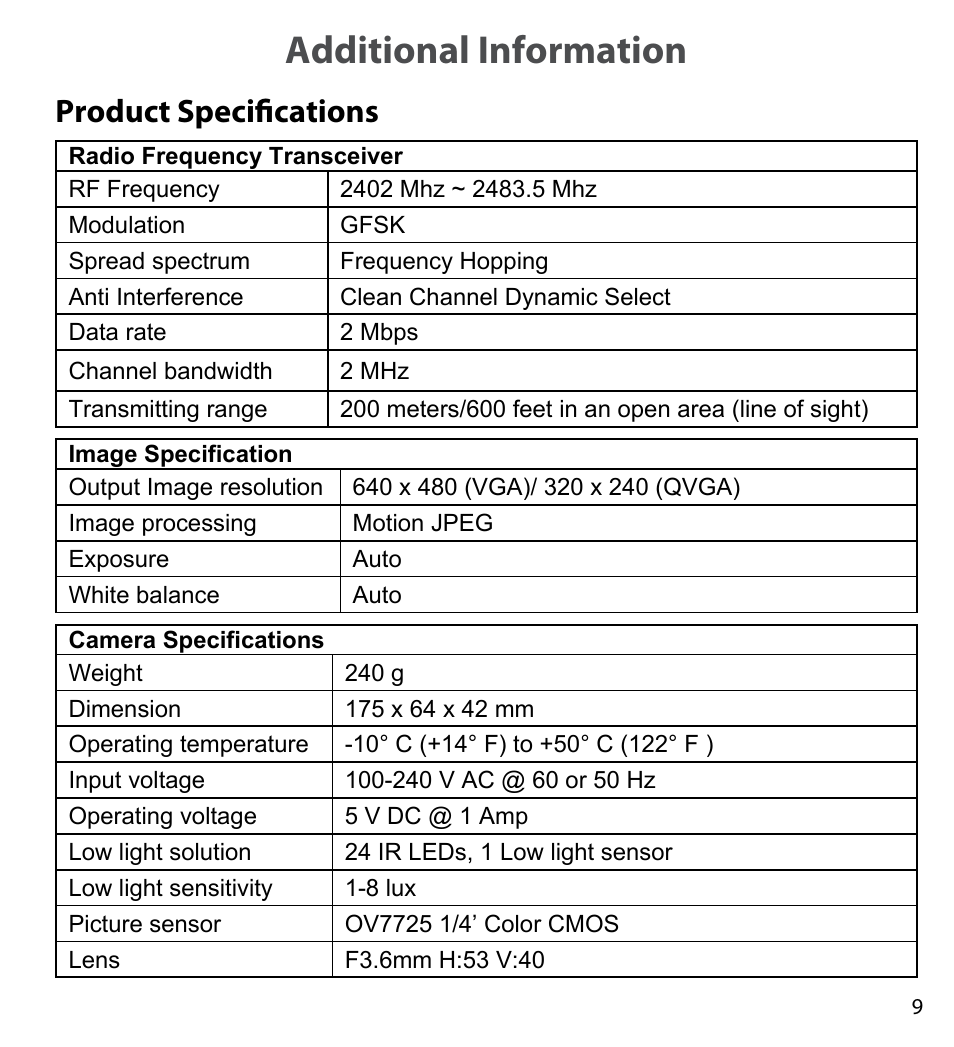 Additional information, Product specifications, Additional information product specifications | Uniden UDWC25 User Manual | Page 9 / 12